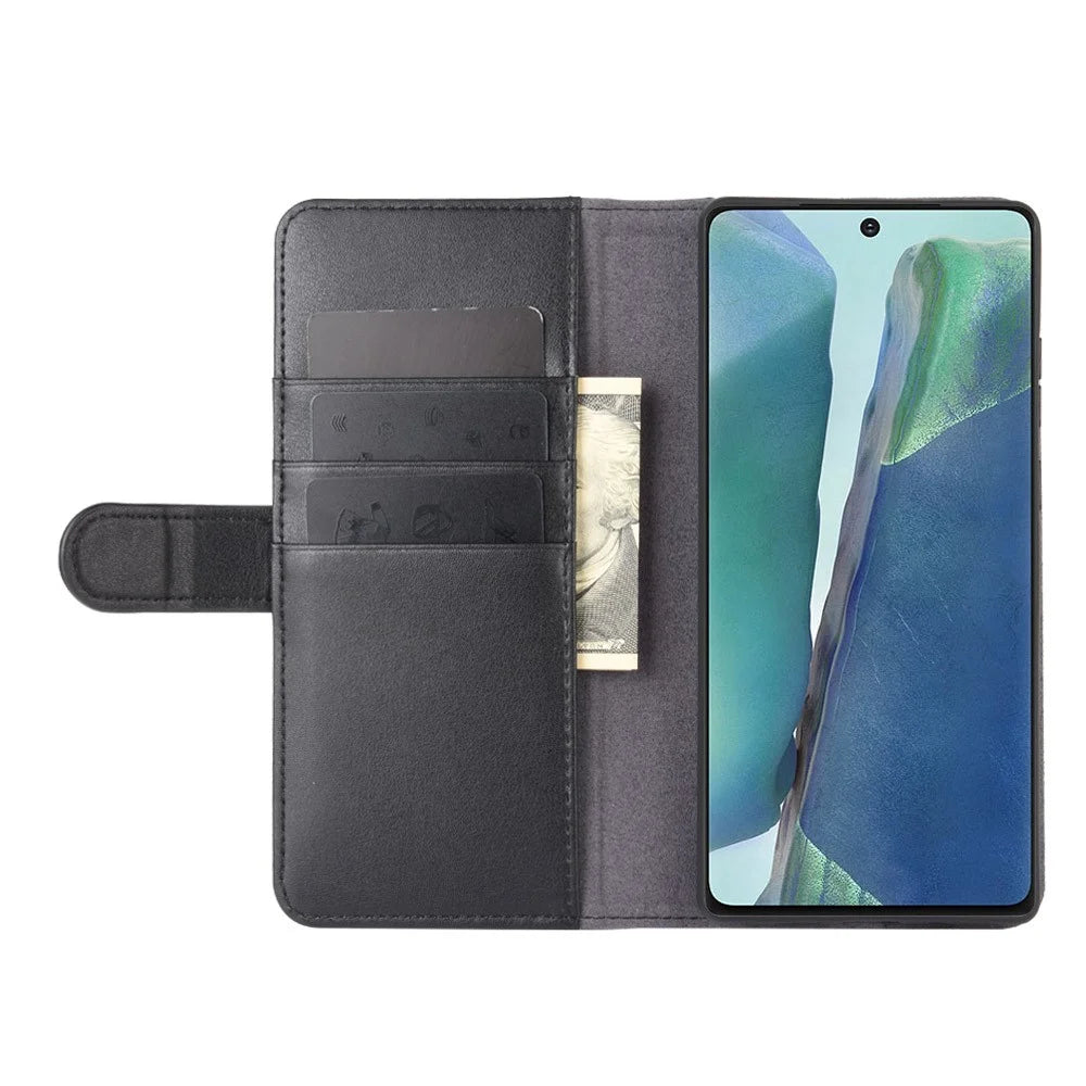 For Samsung Galaxy Note20 / Note20 5G Phone Cases Genuine Split Leather Wallet Mobile Cover Stand - Black - 6