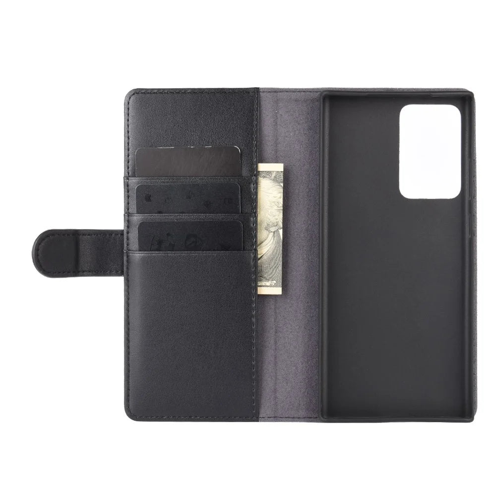 For Samsung Galaxy Note20 Ultra / Note20 Ultra 5G Phone Cases Genuine Split Leather Wallet Mobile Cover Stand - Black - 5