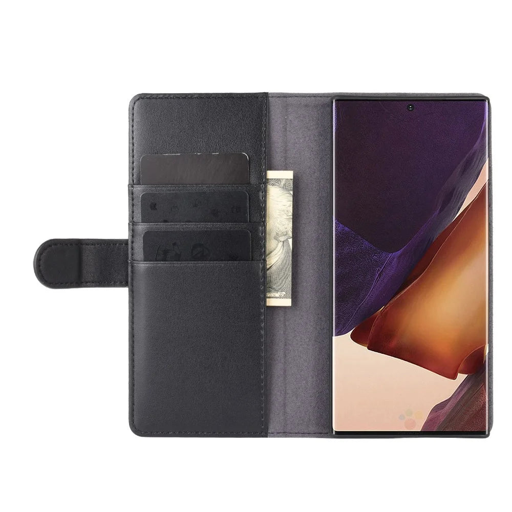 For Samsung Galaxy Note20 Ultra / Note20 Ultra 5G Phone Cases Genuine Split Leather Wallet Mobile Cover Stand - Black - 6
