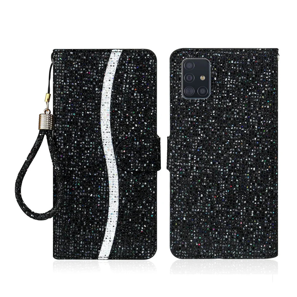 Glittery Powder Splicing Wallet Stand Leather Unique Case for Samsung Galaxy A51 SM-A515 - Black - 1