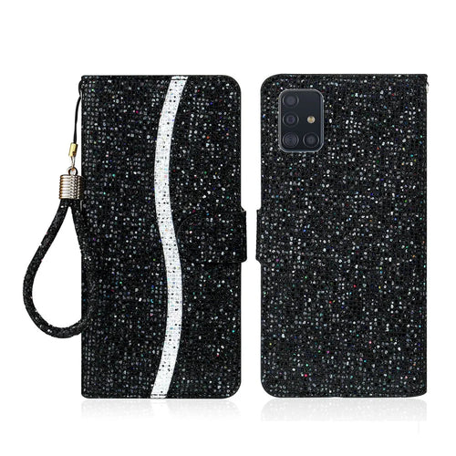 Glittery Powder Splicing Wallet Stand Leather Unique Case for Samsung Galaxy A51 SM-A515 - Black - 1