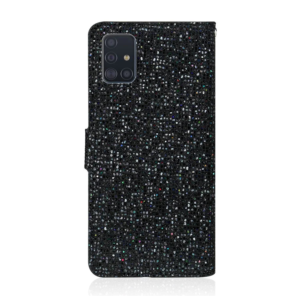 Glittery Powder Splicing Wallet Stand Leather Unique Case for Samsung Galaxy A51 SM-A515 - Black - 3