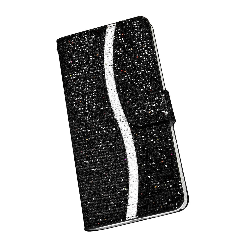 Glittery Powder Splicing Wallet Stand Leather Unique Case for Samsung Galaxy A51 SM-A515 - Black - 6