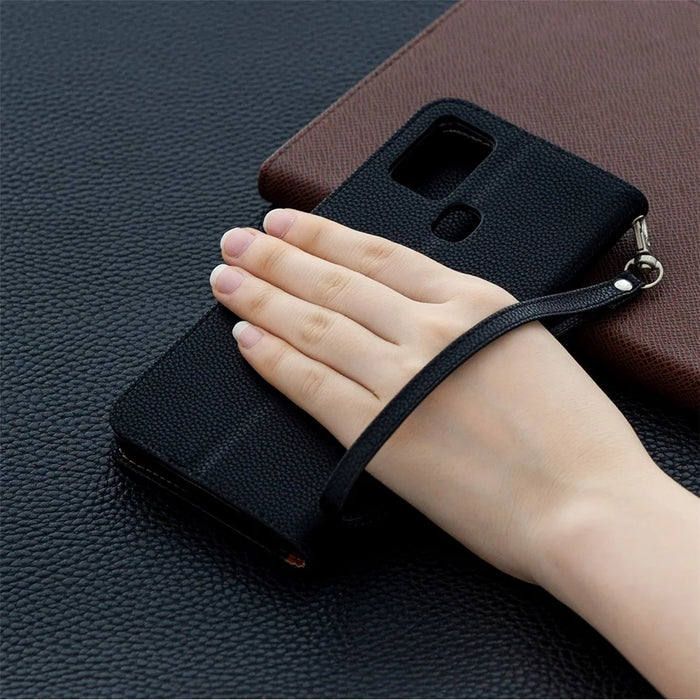 Litchi Skin Wallet Leather Stand Case for Samsung Galaxy A21s - Black - 6