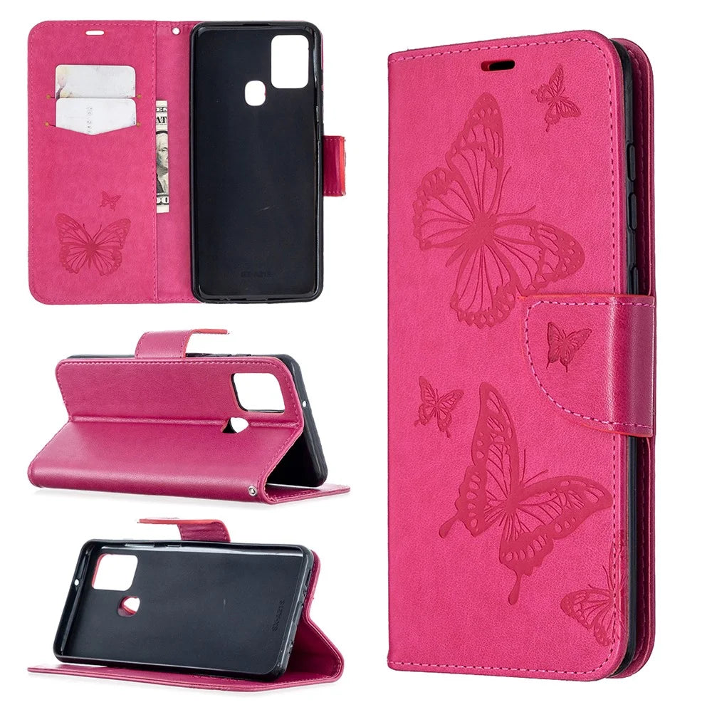 Imprint Butterfly Leather Wallet Case for Samsung Galaxy A21s - Rose - 1