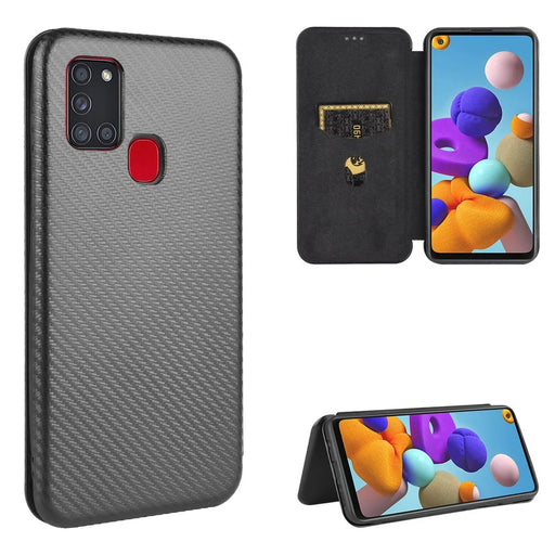 Carbon Fiber Card Slot Auto-absorbed Leather Cover for Samsung Galaxy A21s - Black - 1