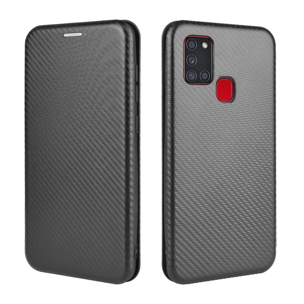 Carbon Fiber Card Slot Auto-absorbed Leather Cover for Samsung Galaxy A21s - Black - 2