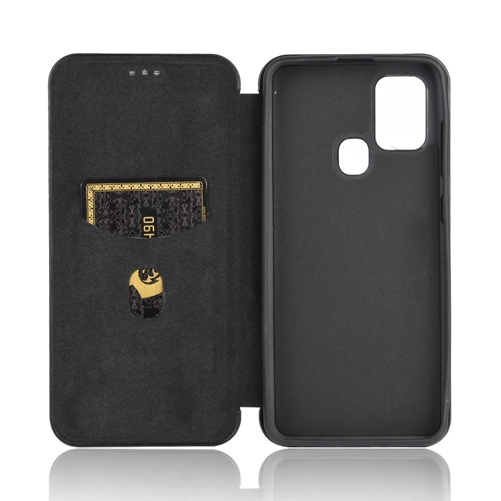 Carbon Fiber Card Slot Auto-absorbed Leather Cover for Samsung Galaxy A21s - Black - 5