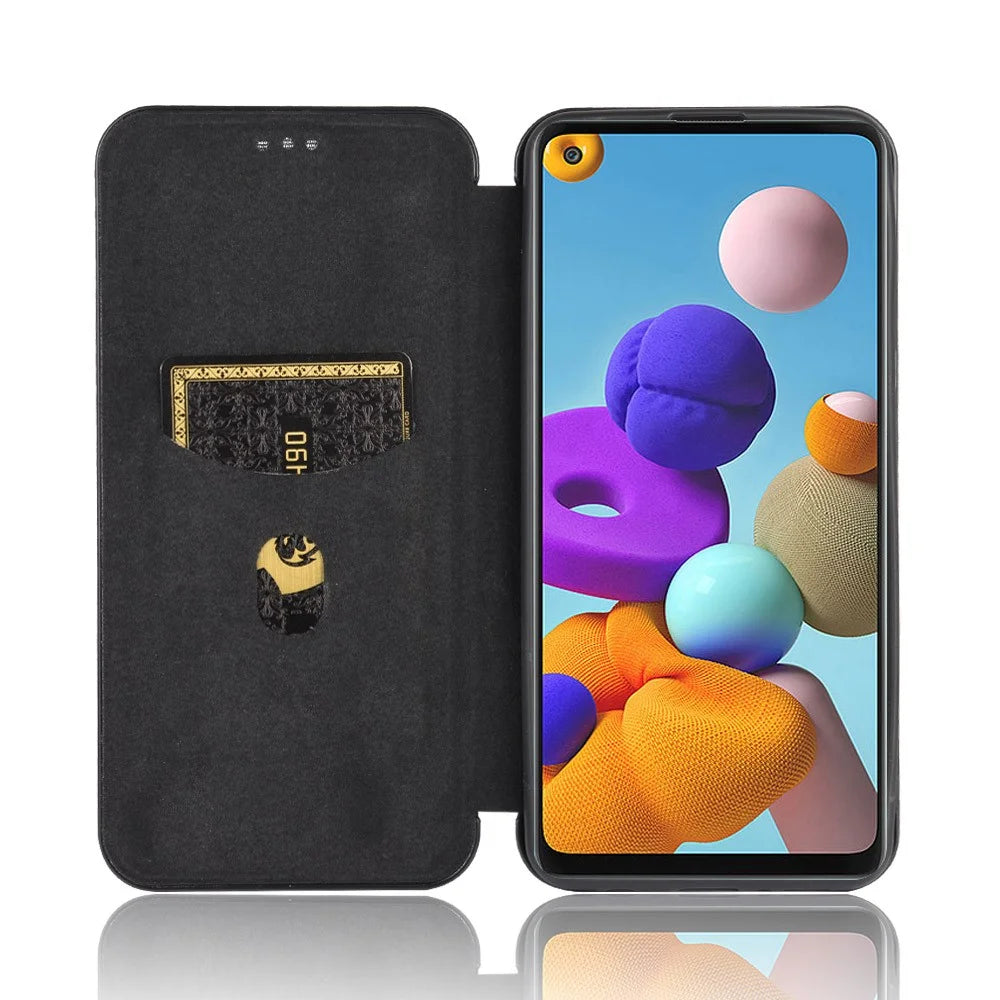Carbon Fiber Card Slot Auto-absorbed Leather Cover for Samsung Galaxy A21s - Black - 6