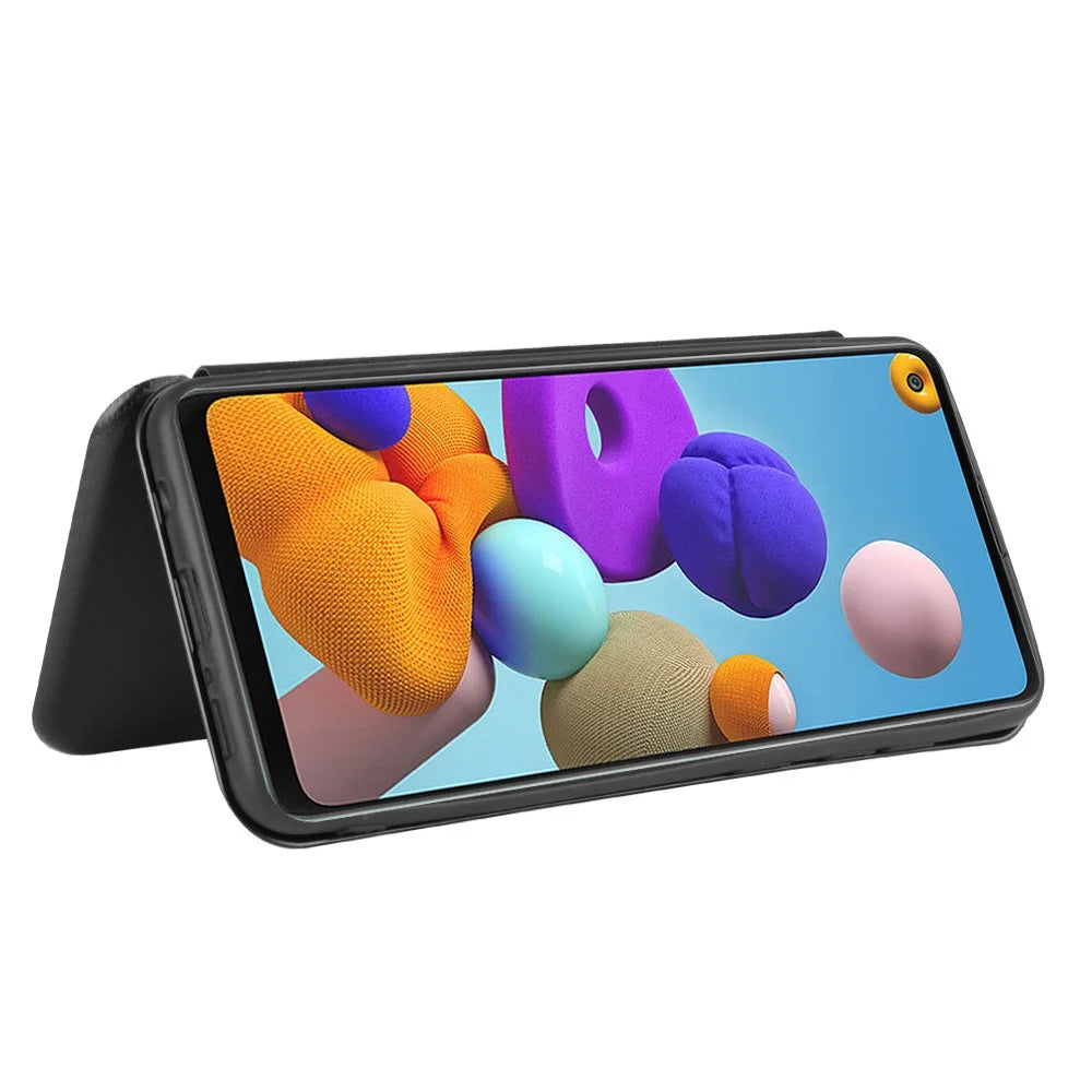 Carbon Fiber Card Slot Auto-absorbed Leather Cover for Samsung Galaxy A21s - Black - 7