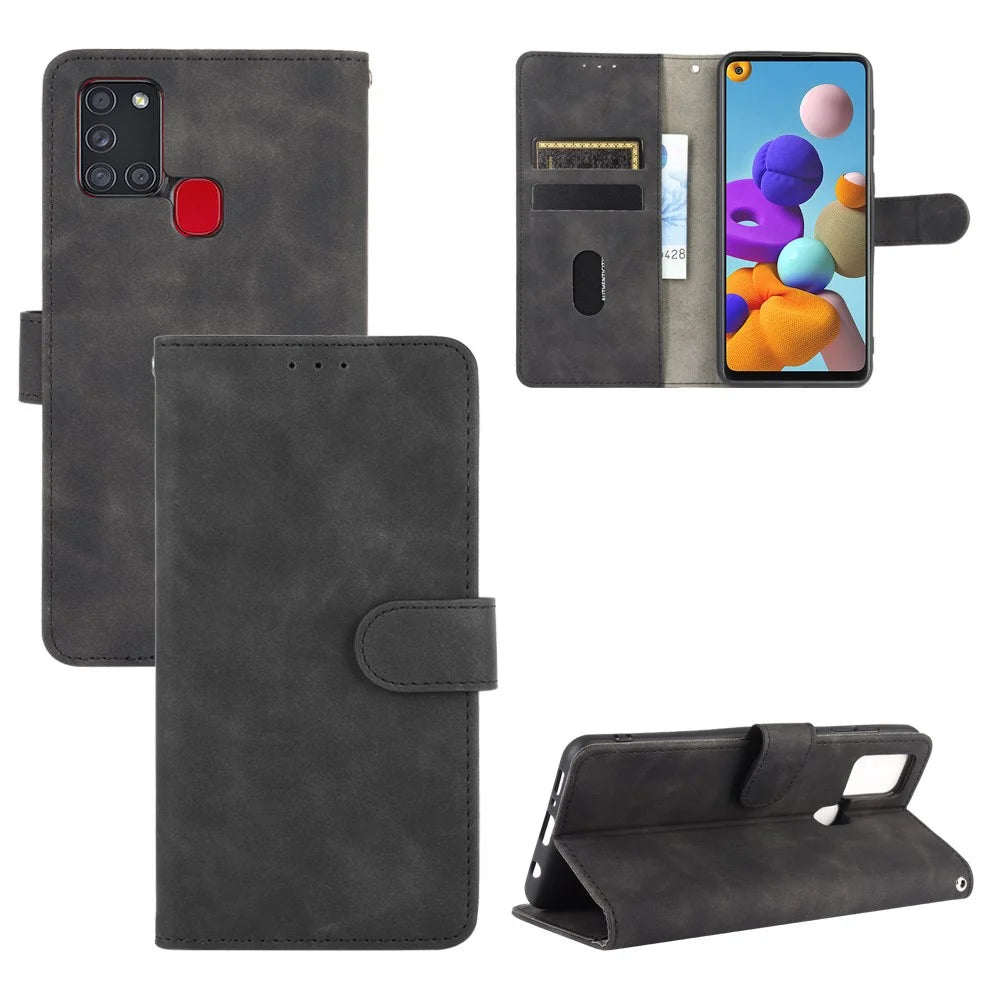 Skin-touch Wallet Stand Leather Flip Cover Case for Samsung Galaxy A21s - Black - 1