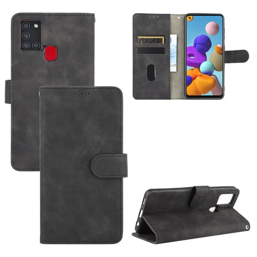 Skin-touch Wallet Stand Leather Flip Cover Case for Samsung Galaxy A21s - Black - 1