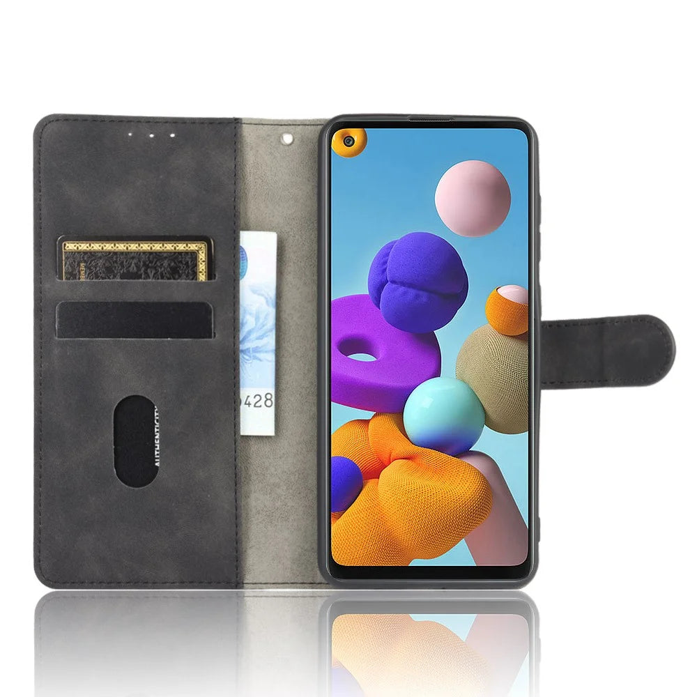 Skin-touch Wallet Stand Leather Flip Cover Case for Samsung Galaxy A21s - Black - 5