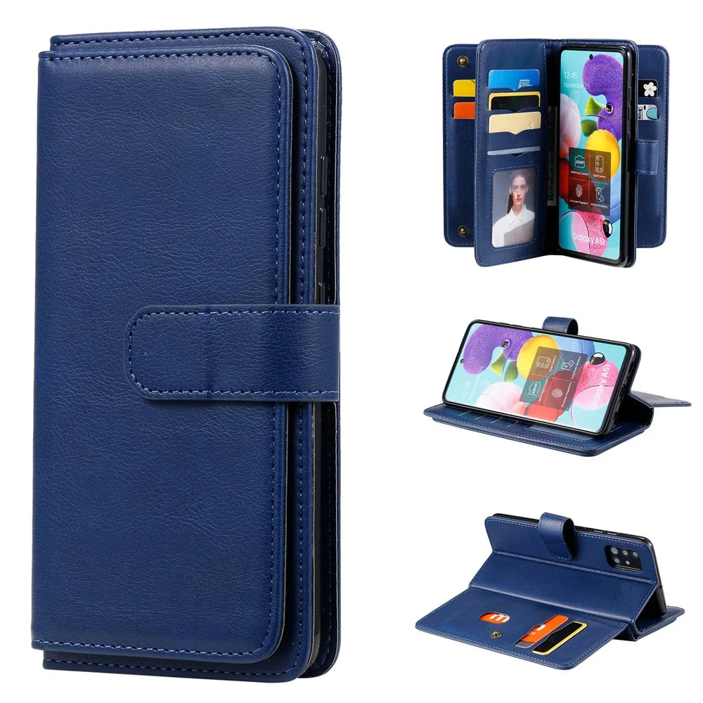 For Samsung Galaxy A51 SM-A515 Leather Case with 10 Card Holder Phone Cover Stand - Blue - 1