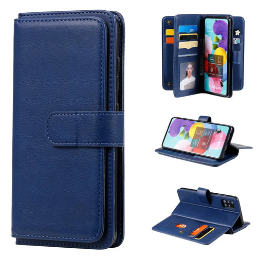 For Samsung Galaxy A51 SM-A515 Leather Case with 10 Card Holder Phone Cover Stand - Blue - 1