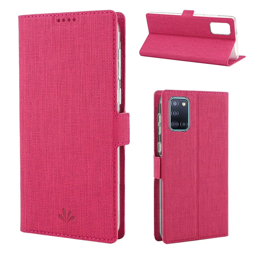 VILI DMK Cross Texture Double Magnetic Clasp Leather Wallet Case for Samsung Galaxy A31 - Pink - 1