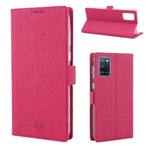 VILI DMK Cross Texture Double Magnetic Clasp Leather Wallet Case for Samsung Galaxy A31 - Pink - 1
