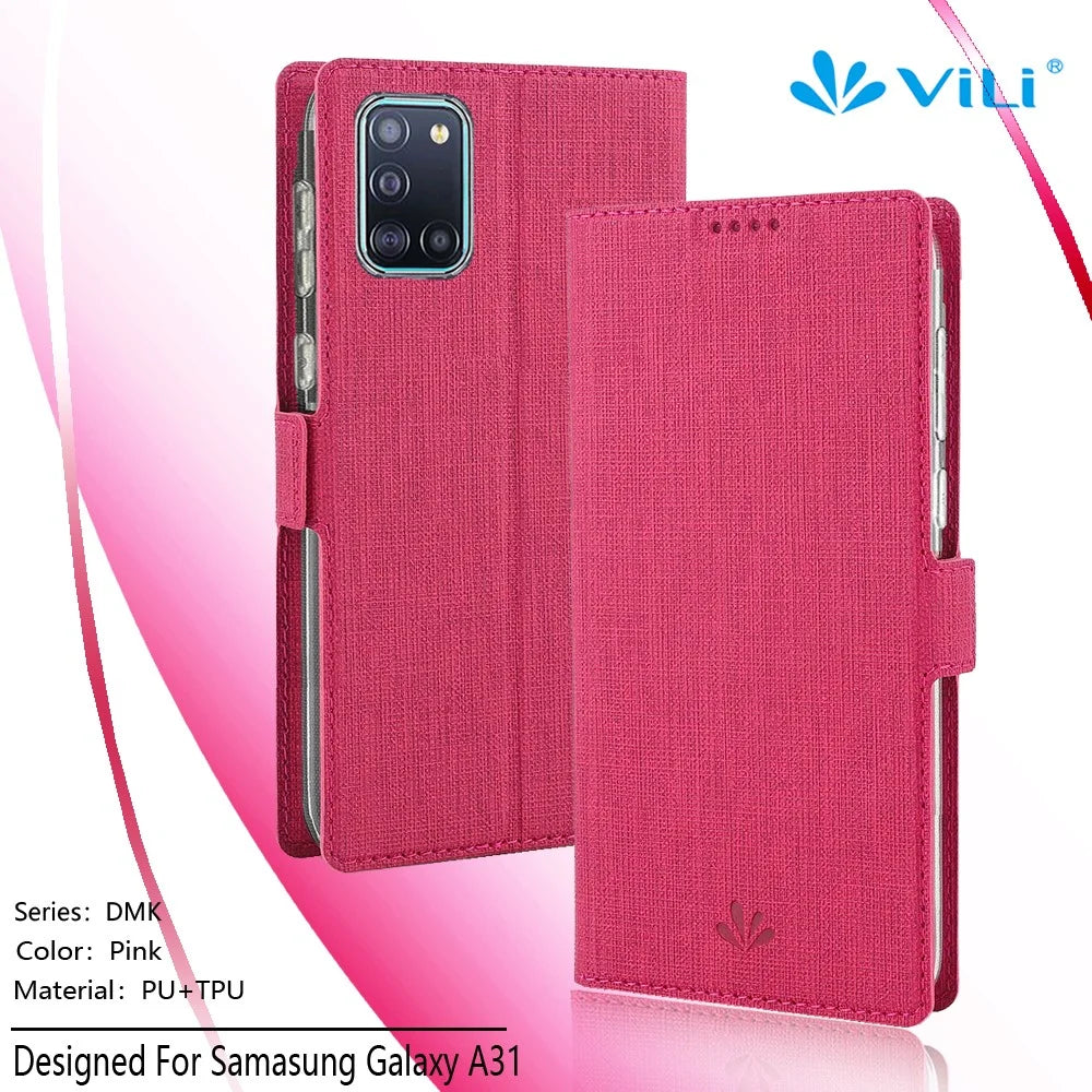 VILI DMK Cross Texture Double Magnetic Clasp Leather Wallet Case for Samsung Galaxy A31 - Pink - 7