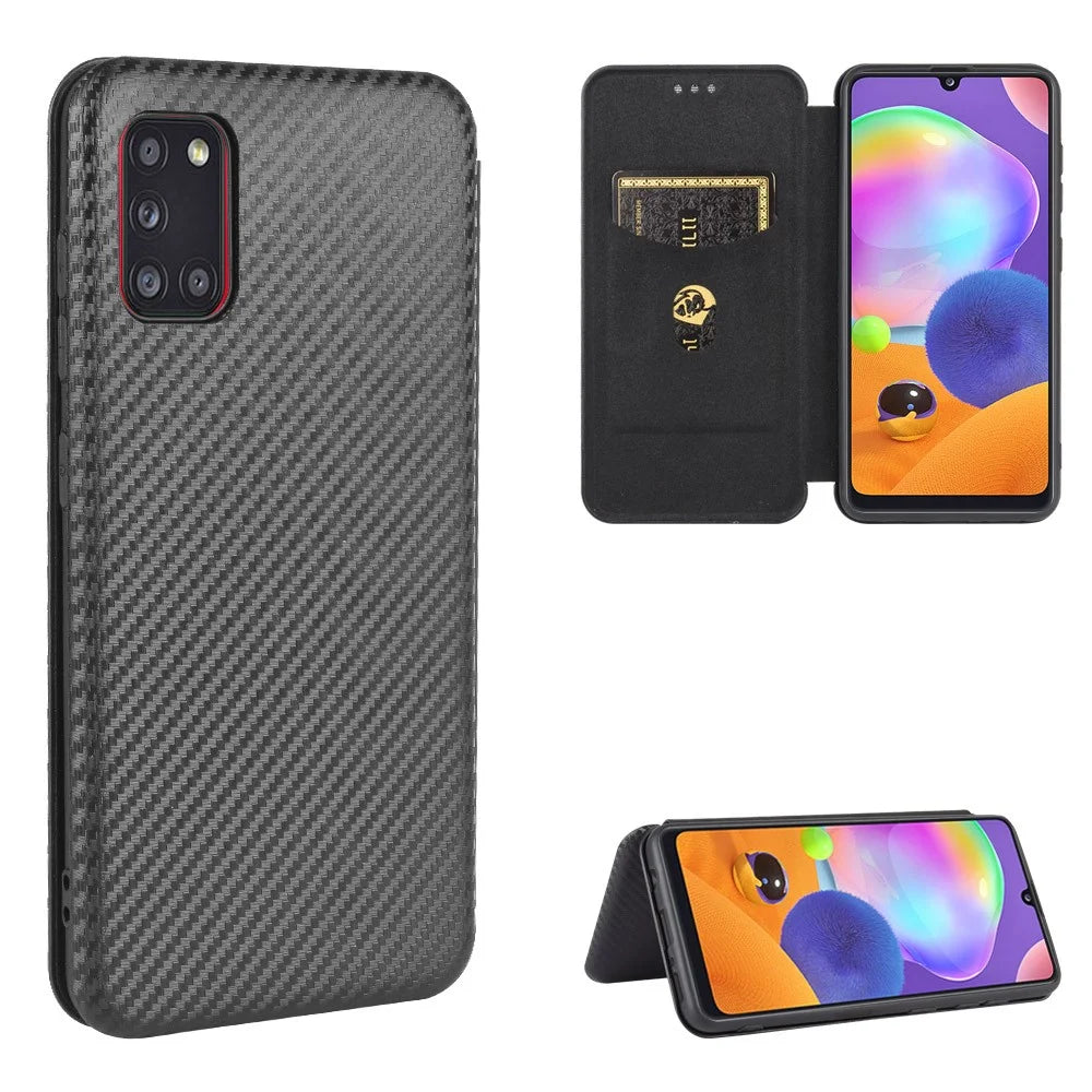 Carbon Fiber Skin Leather Auto-absorbed Shell for Samsung Galaxy A31 - Black - 1