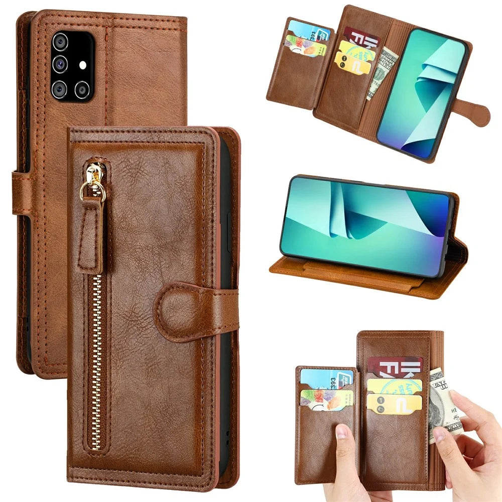 Zipper Pocket Wallet Leather Stand Case for Samsung Galaxy A51 SM-A515 - Brown - 1