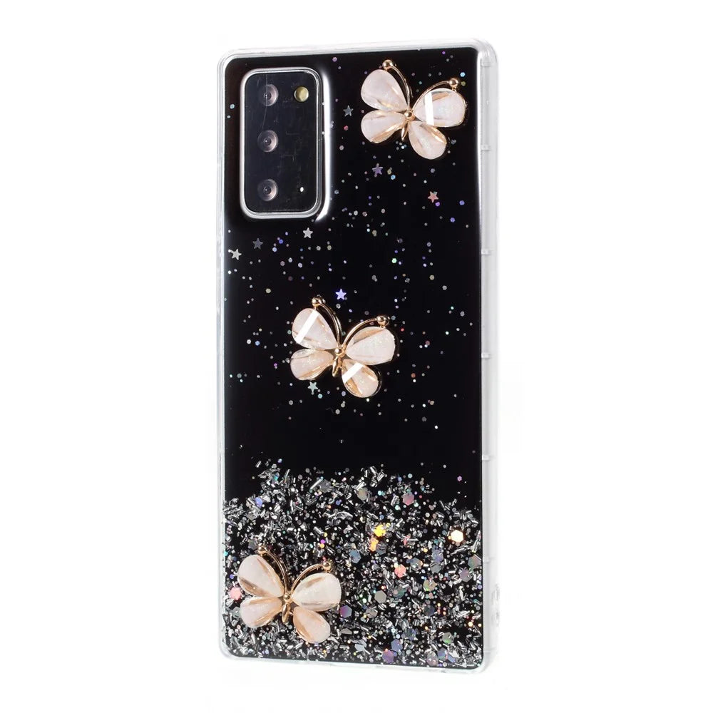 3D Butterfly Rhinestone Decor Epoxy TPU Cover for Samsung Galaxy Note20 4G/5G - Black - 2