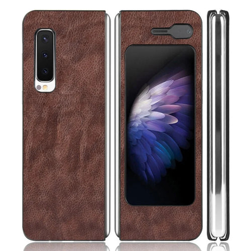 Litchi Skin Leather Coated PC Phone Back Shell for Samsung Galaxy Fold 4G / Fold 5G / W20 5G - Brown - 1