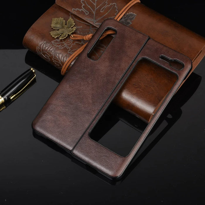 Litchi Skin Leather Coated PC Phone Back Shell for Samsung Galaxy Fold 4G / Fold 5G / W20 5G - Brown - 5