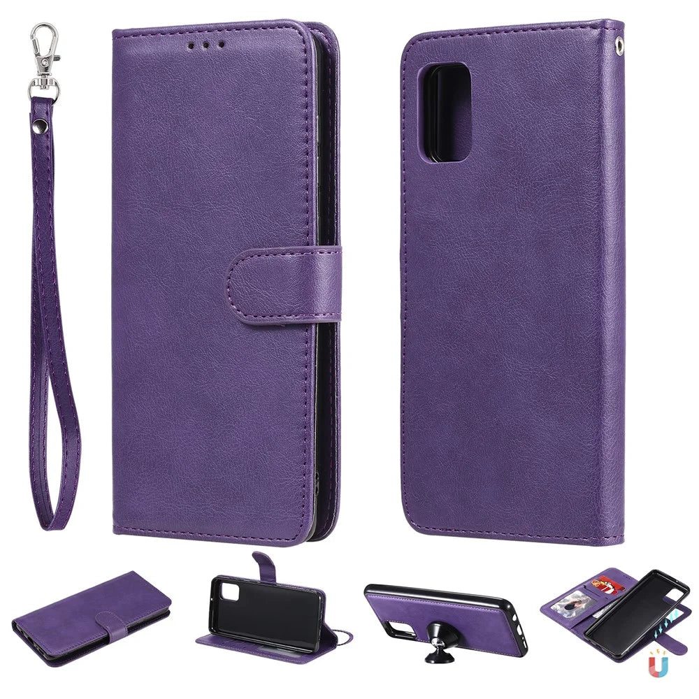 For Samsung Galaxy A31 Case 2 in 1 Detachable Magnetic Leather Wallet Mobile Cover with Strap - Purple - 1
