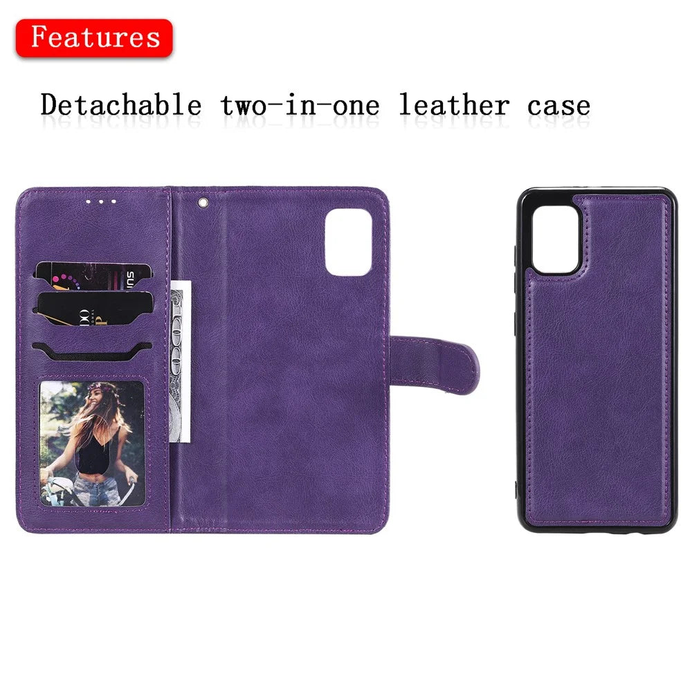 For Samsung Galaxy A31 Case 2 in 1 Detachable Magnetic Leather Wallet Mobile Cover with Strap - Purple - 4