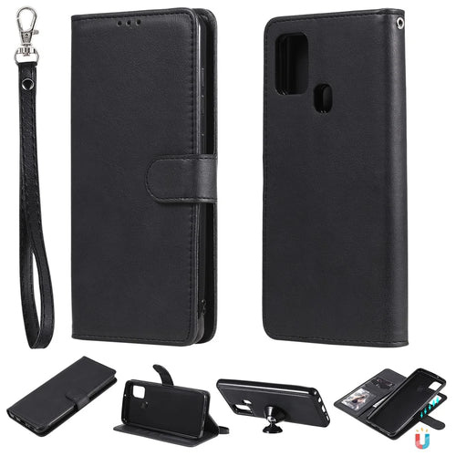 For Samsung Galaxy A21s Case 2 in 1 Detachable Magnetic Leather Wallet Mobile Cover with Strap - Black - 1