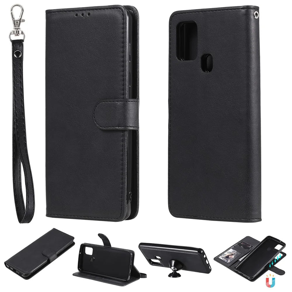 For Samsung Galaxy A21s Case 2 in 1 Detachable Magnetic Leather Wallet Mobile Cover with Strap - Black - 1