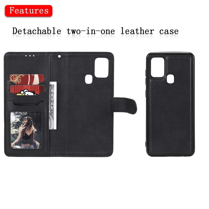 For Samsung Galaxy A21s Case 2 in 1 Detachable Magnetic Leather Wallet Mobile Cover with Strap - Black - 4