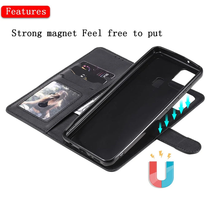 For Samsung Galaxy A21s Case 2 in 1 Detachable Magnetic Leather Wallet Mobile Cover with Strap - Black - 5