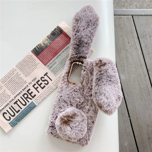 Adorable Long Ears Rabbit Shape Fur Coated Soft TPU Phone Case for Samsung Galaxy Note20 4G/5G - Coffee - 1