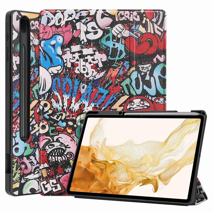 Pattern Printing PU Leather Tri-fold Stand Tablet Case for Samsung Galaxy Tab S7+ T970 / S8+ - Cartoon Graffiti - 1
