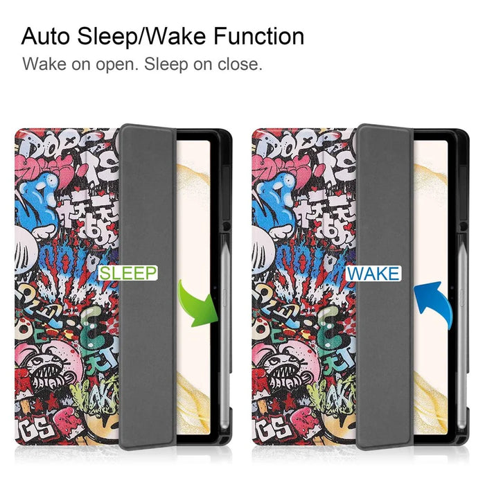 Pattern Printing PU Leather Tri-fold Stand Tablet Case for Samsung Galaxy Tab S7+ T970 / S8+ - Cartoon Graffiti - 2