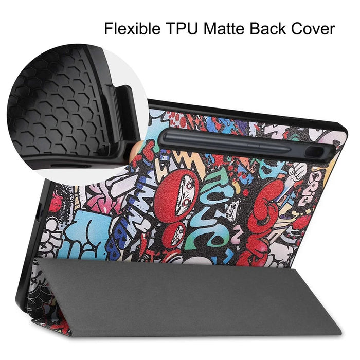 Pattern Printing PU Leather Tri-fold Stand Tablet Case for Samsung Galaxy Tab S7+ T970 / S8+ - Cartoon Graffiti - 5