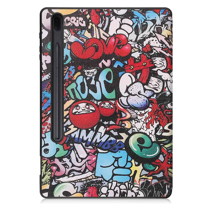 Pattern Printing PU Leather Tri-fold Stand Tablet Case for Samsung Galaxy Tab S7+ T970 / S8+ - Cartoon Graffiti - 6