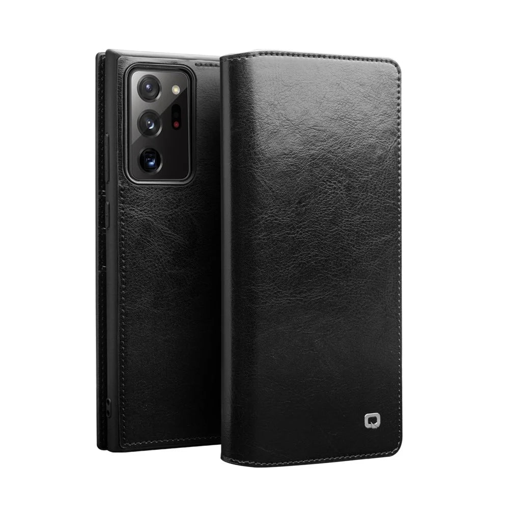 QIALINO For Samsung Galaxy Note20 Ultra 5G / Note20 Ultra Genuine Cowhide Leather Case Wallet Phone Protective Cover - Black - 1