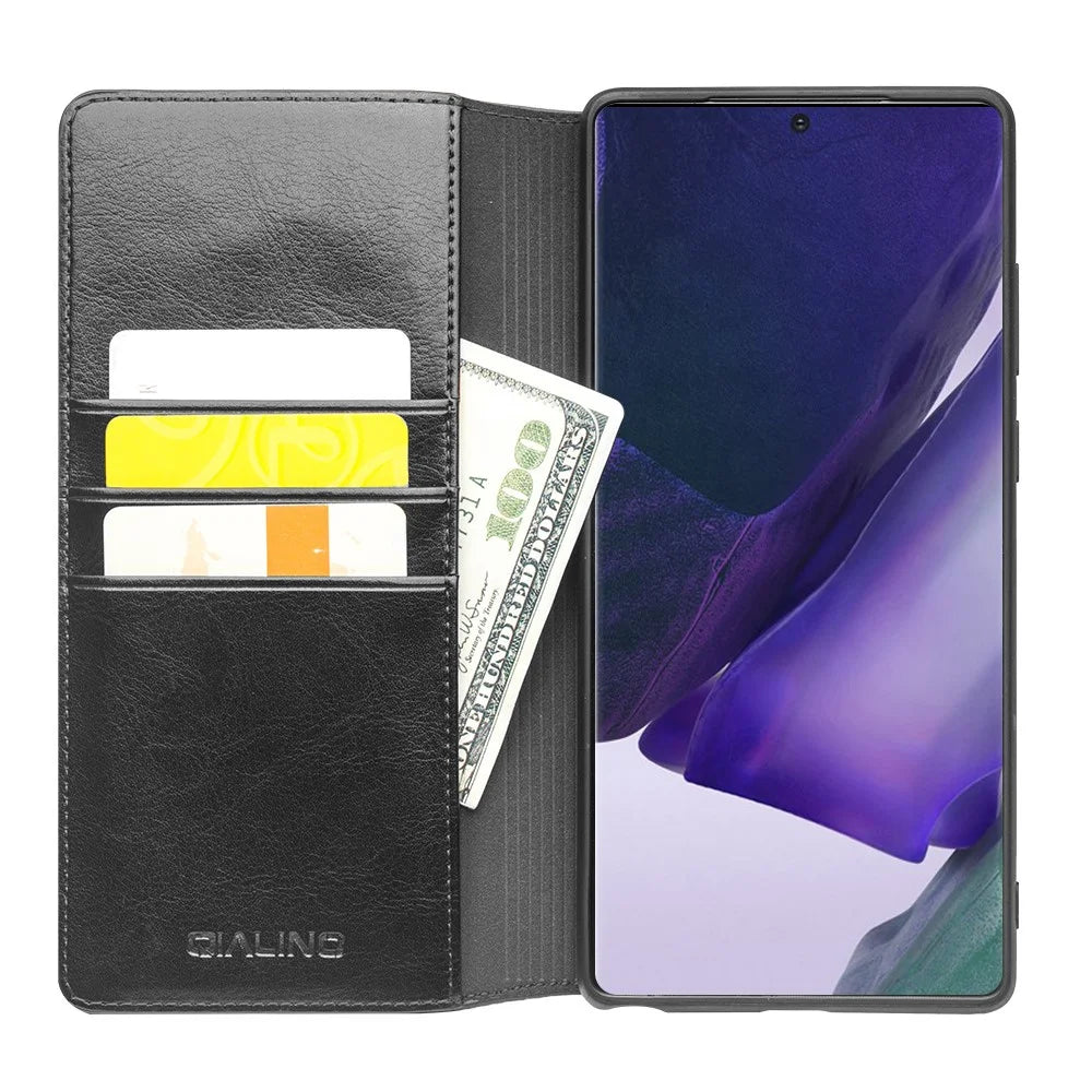 QIALINO For Samsung Galaxy Note20 Ultra 5G / Note20 Ultra Genuine Cowhide Leather Case Wallet Phone Protective Cover - Black - 3