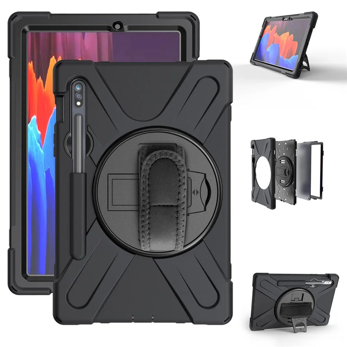 For Samsung Galaxy Tab S7 T870 T875 / S8 X700 / S9 X710 / S9 FE X510 360° Swivel Kickstand PC + Silicone Tablet Case - Black - 1