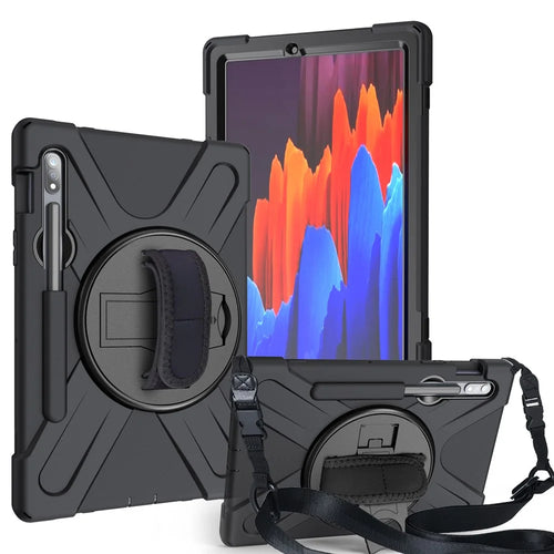 For Samsung Galaxy Tab S7 T870 T875 / S8 X700 / S9 X710 / S9 FE X510 360° Swivel Kickstand PC + Silicone Tablet Case with Shoulder Strap - Black - 1