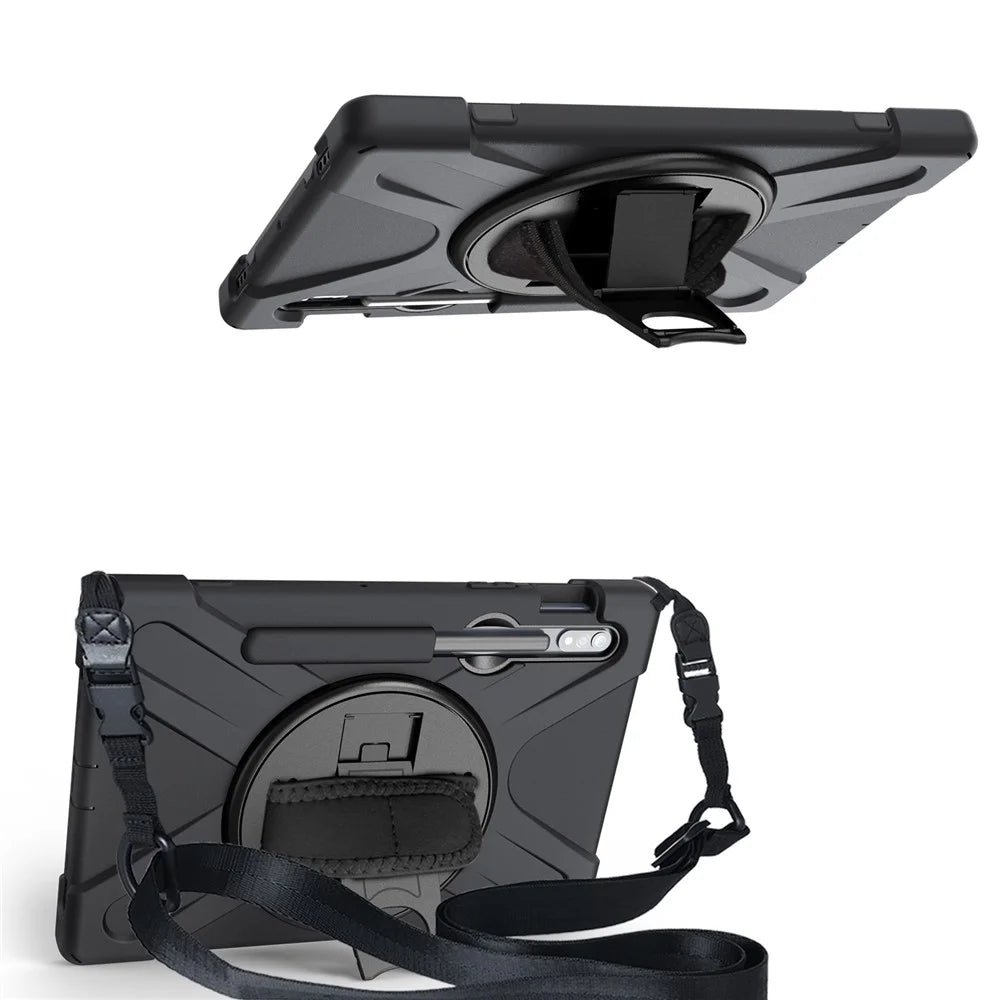For Samsung Galaxy Tab S7 T870 T875 / S8 X700 / S9 X710 / S9 FE X510 360° Swivel Kickstand PC + Silicone Tablet Case with Shoulder Strap - Black - 2