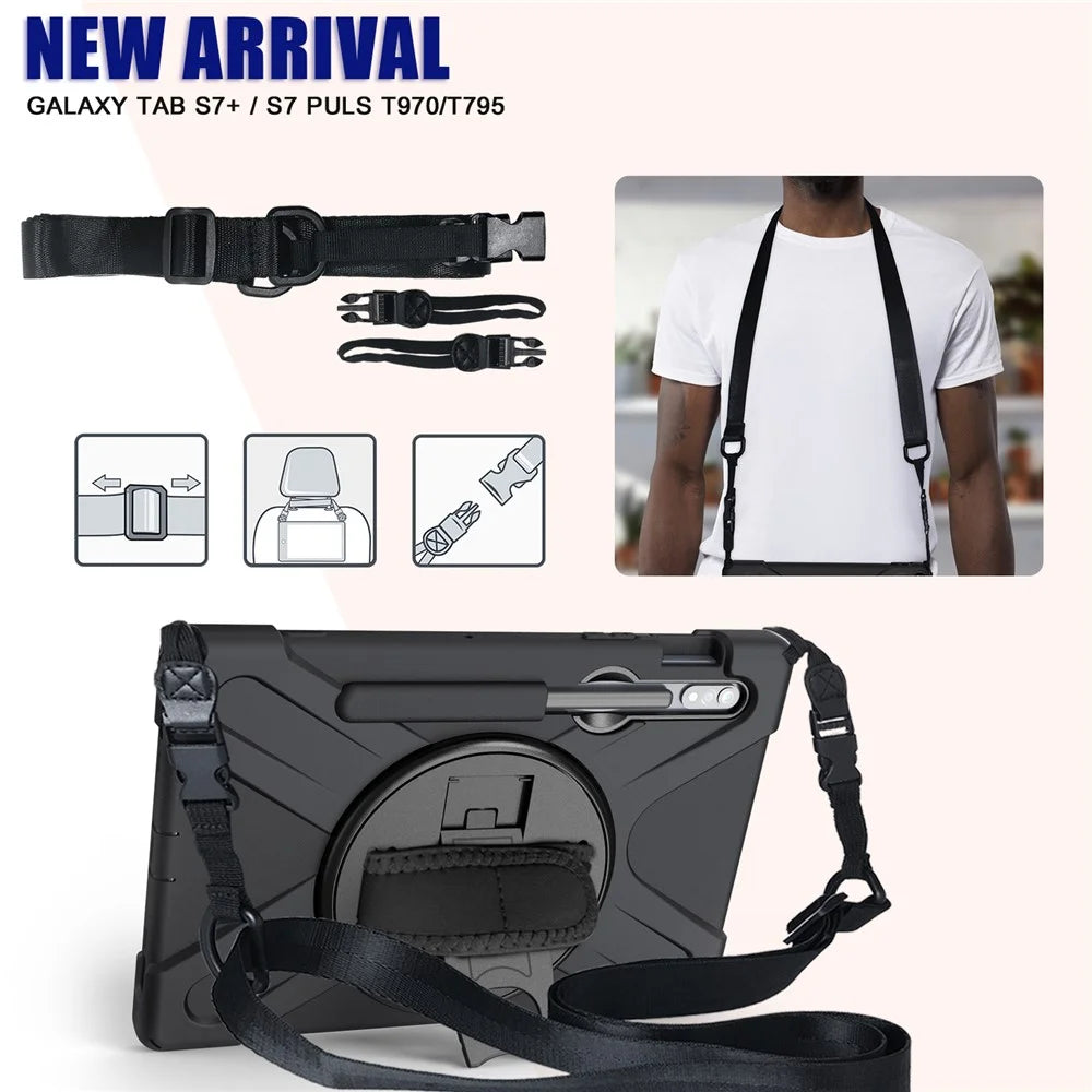 For Samsung Galaxy Tab S7 T870 T875 / S8 X700 / S9 X710 / S9 FE X510 360° Swivel Kickstand PC + Silicone Tablet Case with Shoulder Strap - Black - 3