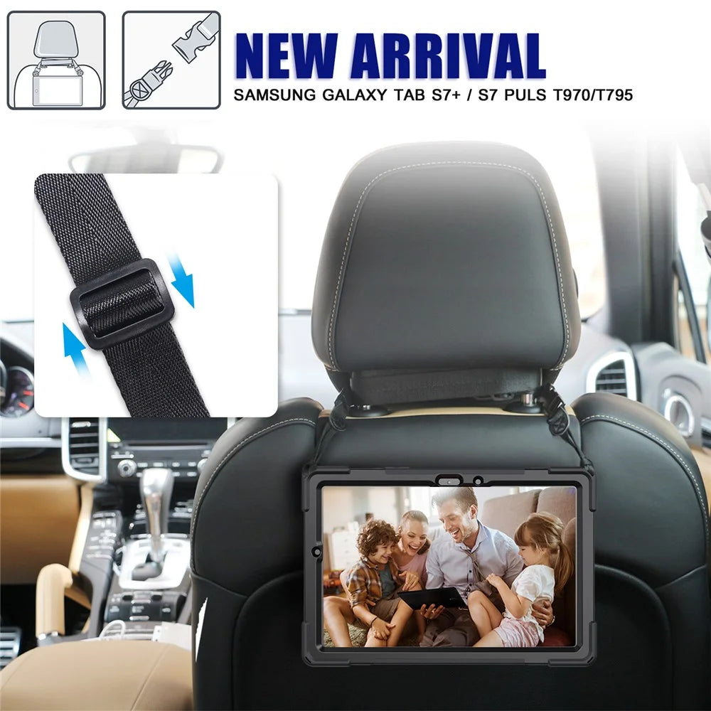 For Samsung Galaxy Tab S7 T870 T875 / S8 X700 / S9 X710 / S9 FE X510 360° Swivel Kickstand PC + Silicone Tablet Case with Shoulder Strap - Black - 4