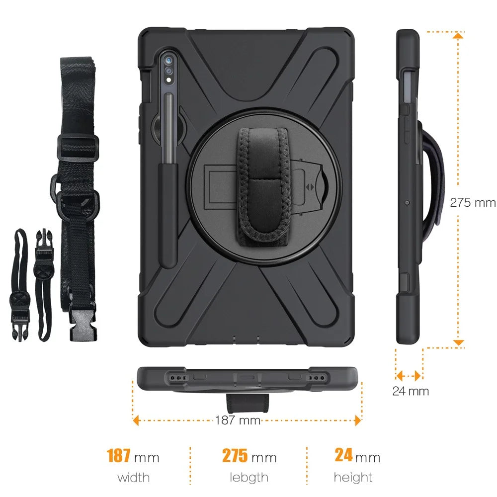 For Samsung Galaxy Tab S7 T870 T875 / S8 X700 / S9 X710 / S9 FE X510 360° Swivel Kickstand PC + Silicone Tablet Case with Shoulder Strap - Black - 5