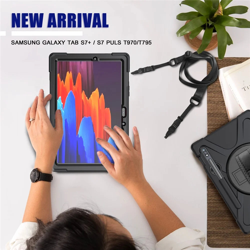 For Samsung Galaxy Tab S7 T870 T875 / S8 X700 / S9 X710 / S9 FE X510 360° Swivel Kickstand PC + Silicone Tablet Case with Shoulder Strap - Black - 6