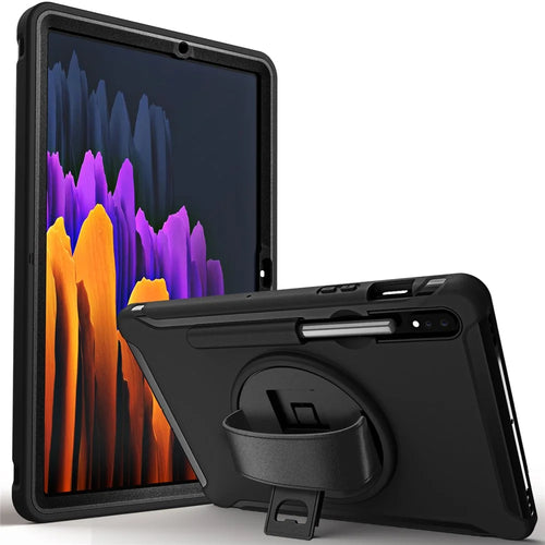 For Samsung Galaxy Tab S7 T870 T875 / S8 X700 / S9 X710 / S9 FE X510 360° Swivel Kickstand PC + TPU Tablet Case with Hand Strap - Black - 1