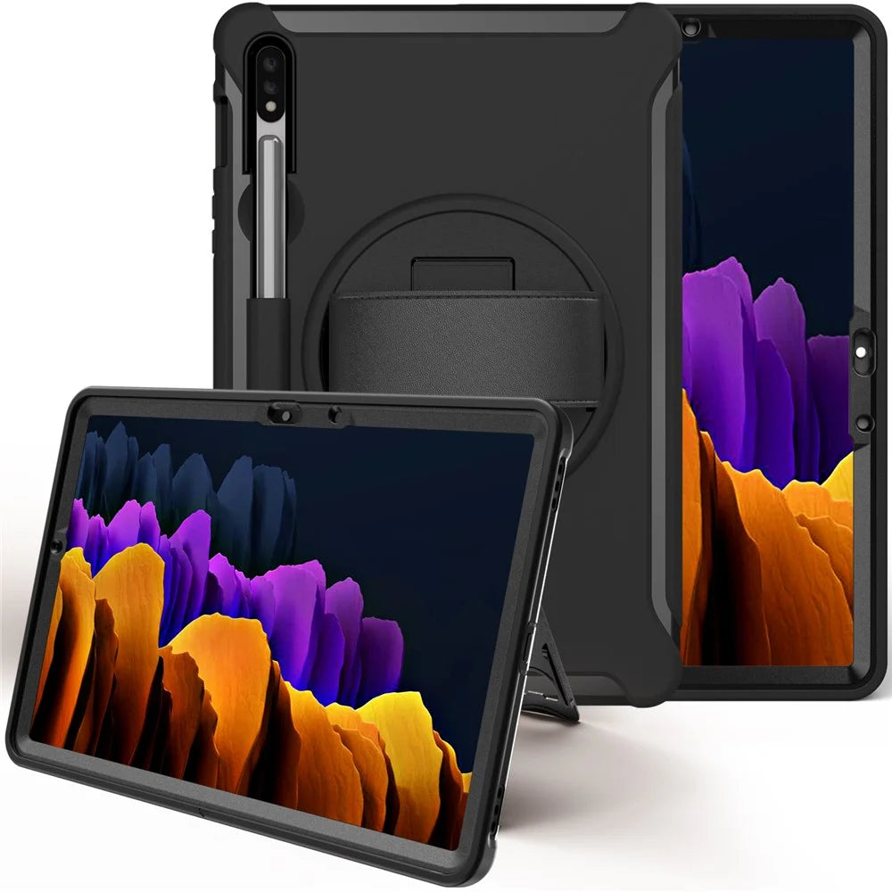 For Samsung Galaxy Tab S7 T870 T875 / S8 X700 / S9 X710 / S9 FE X510 360° Swivel Kickstand PC + TPU Tablet Case with Hand Strap - Black - 2