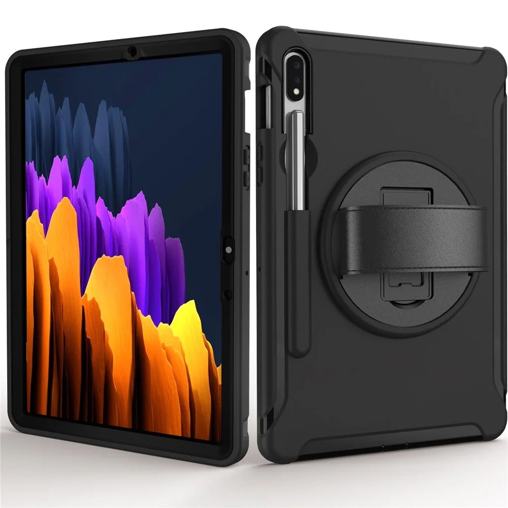 For Samsung Galaxy Tab S7 T870 T875 / S8 X700 / S9 X710 / S9 FE X510 360° Swivel Kickstand PC + TPU Tablet Case with Hand Strap - Black - 3